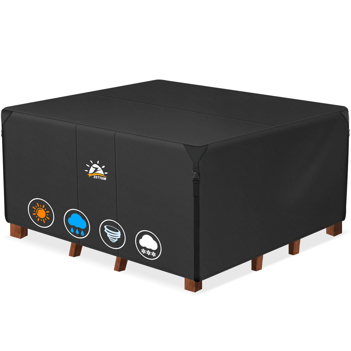 Zettum front view showing full 94-inch square cover protecting dining set