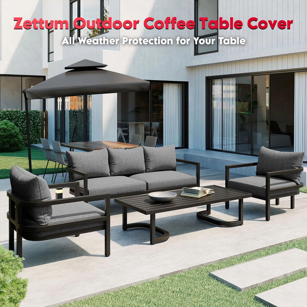 Zettum lifestyle patio setting showing cover protecting table outdoors