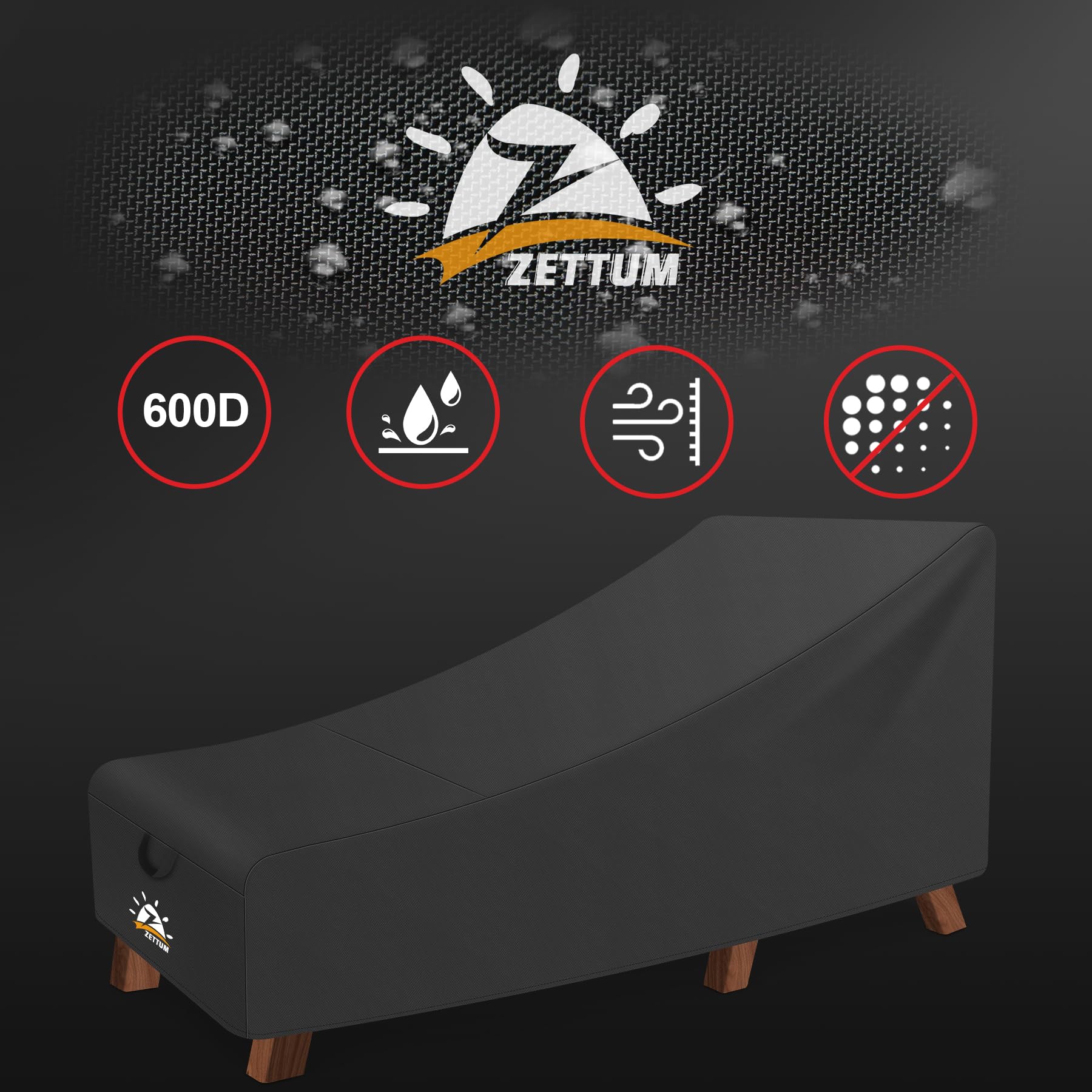 Zettum chaise cover next to measuring tape illustrating 84x32x32 inch fit guide