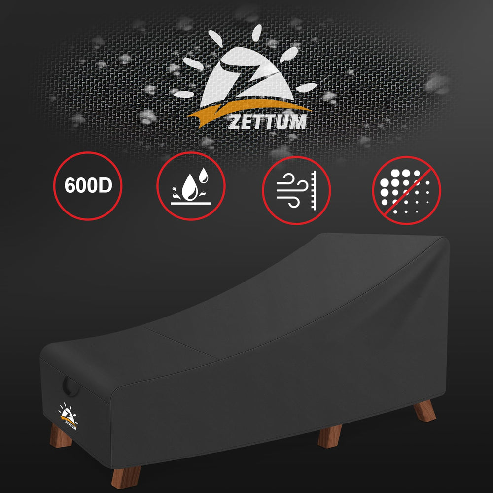 Zettum chaise cover next to measuring tape illustrating 84x32x32 inch fit guide