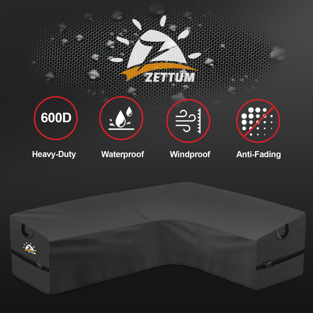 Zettum cover beside measuring tape illustrating correct 110x85x32 inch fit