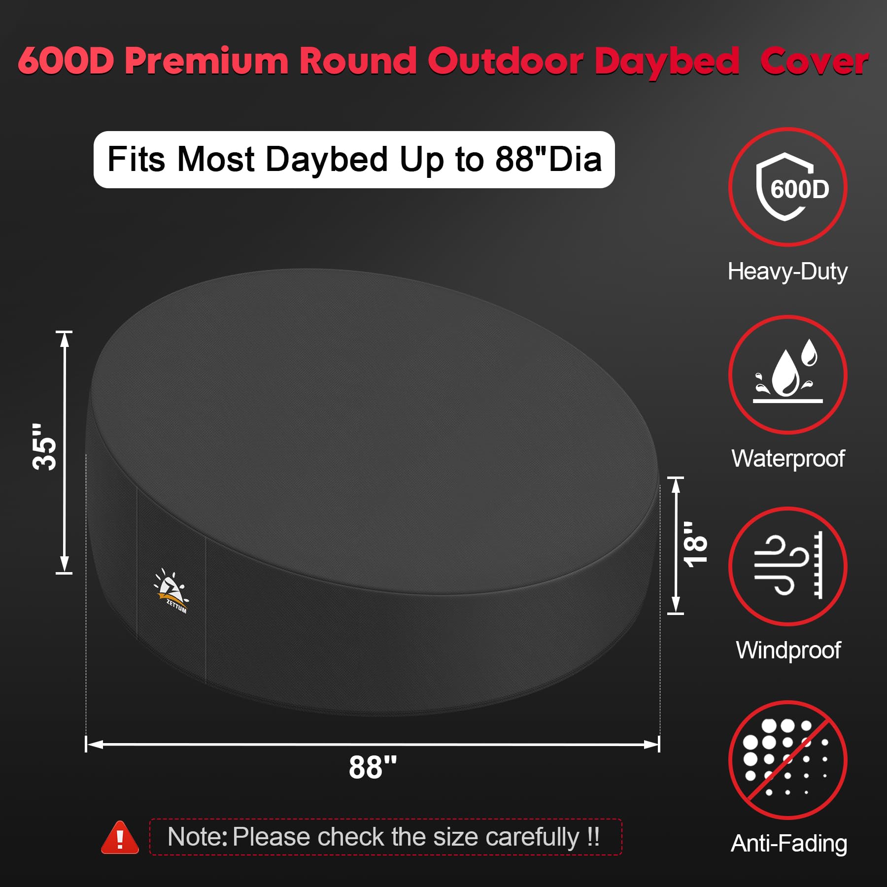 Zettum top-down view showing full coverage on round daybed, complete weather shield