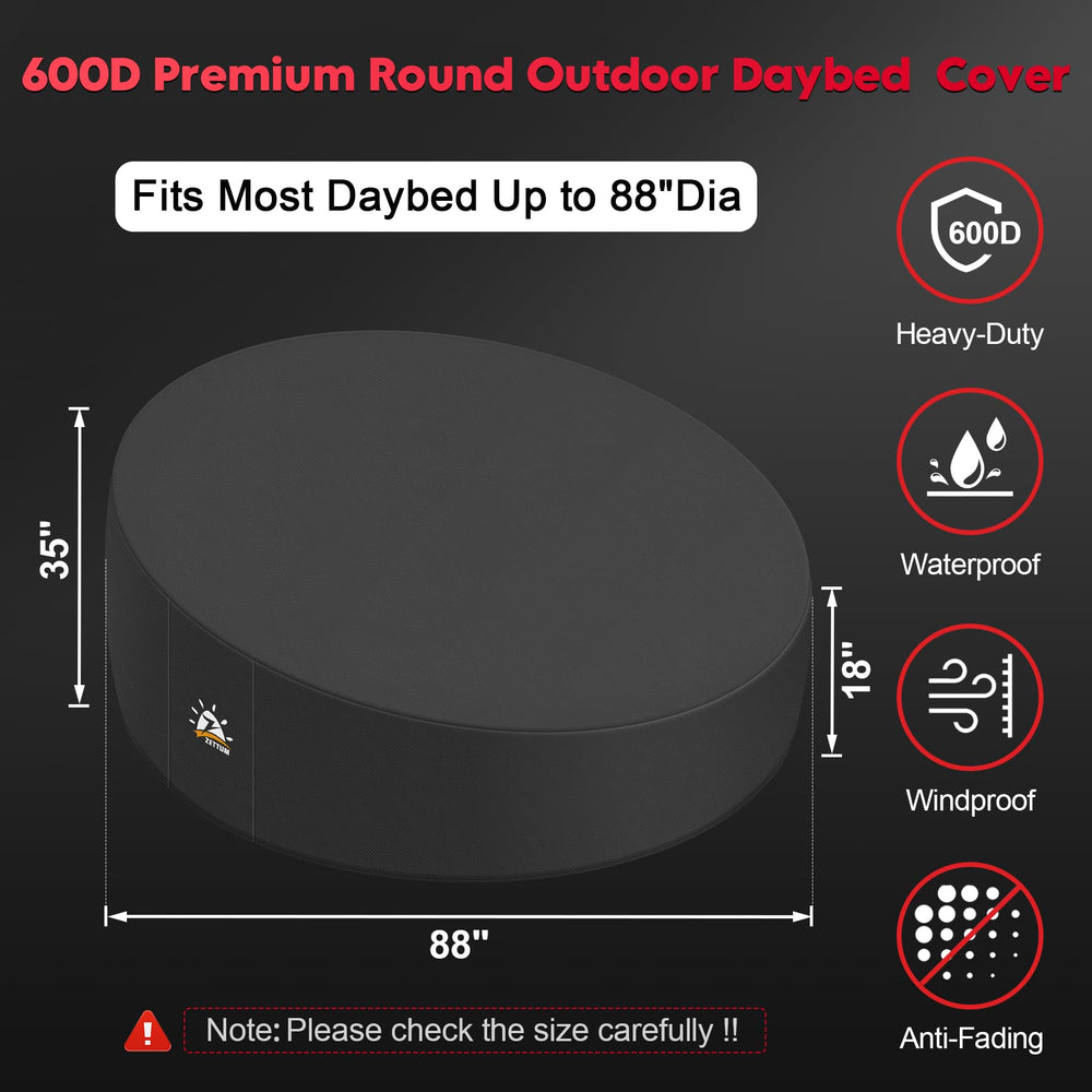 Zettum top-down view showing full coverage on round daybed, complete weather shield