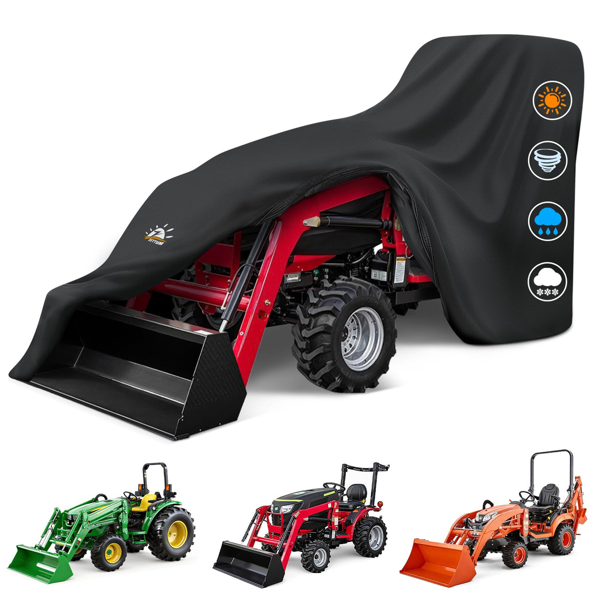 Zettum cover front view protecting tractor, shows full weather protection