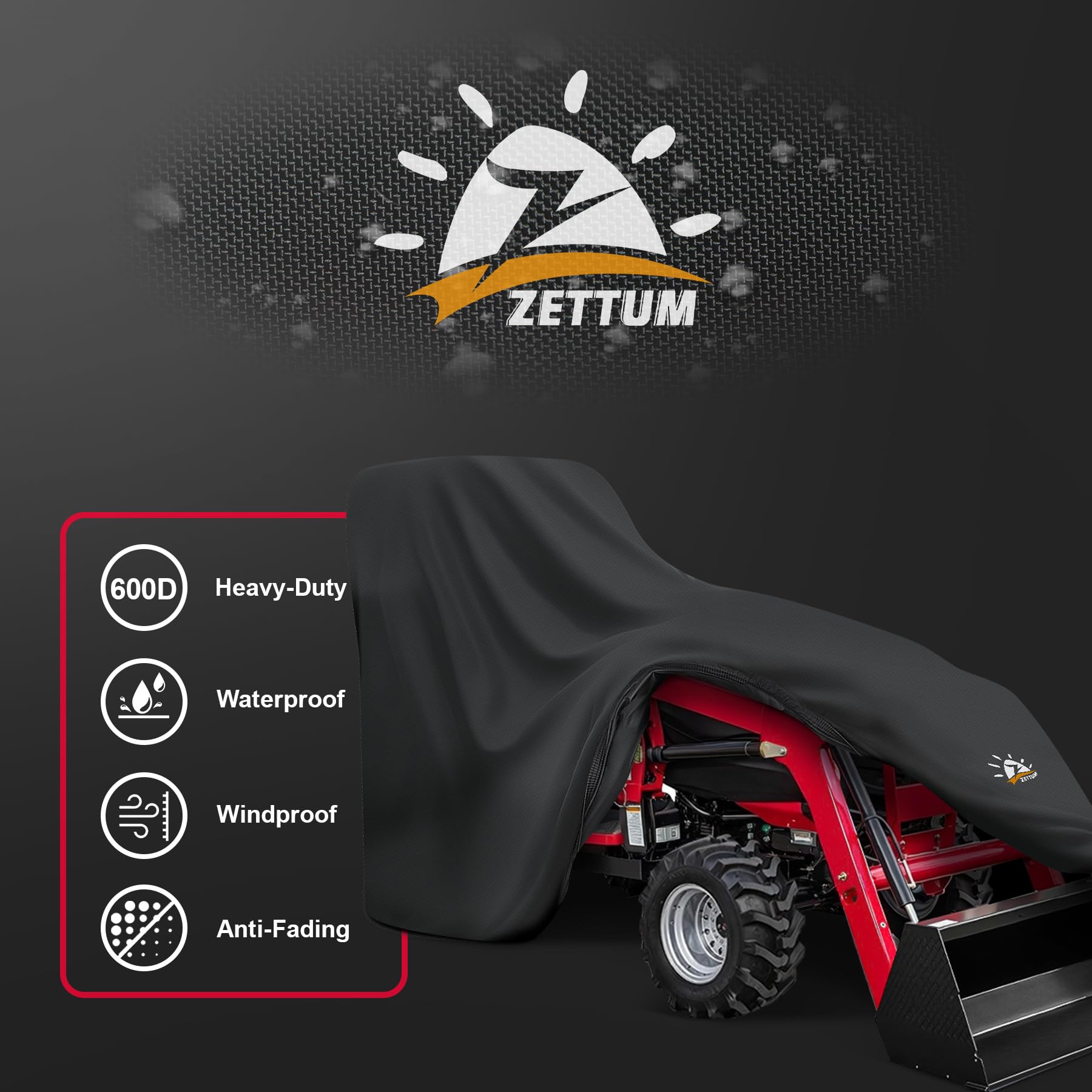 Zettum tractor cover in rain, shows waterproof PU-coated protection