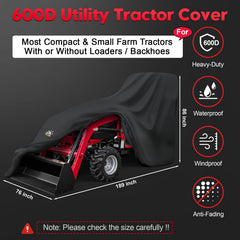 Zettum cover side profile over tractor with loader, demonstrates fit