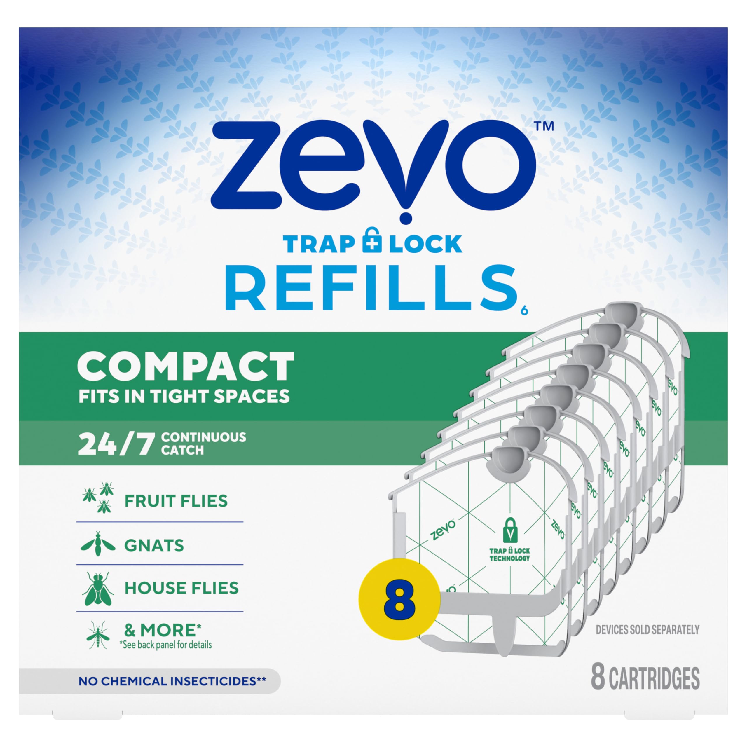 ZEVO front-packaging showing eight refill cartridges and clear labeling for convenience