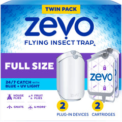 ZEVO front packaging showing two plug-in units and two refill cartridges for easy setup