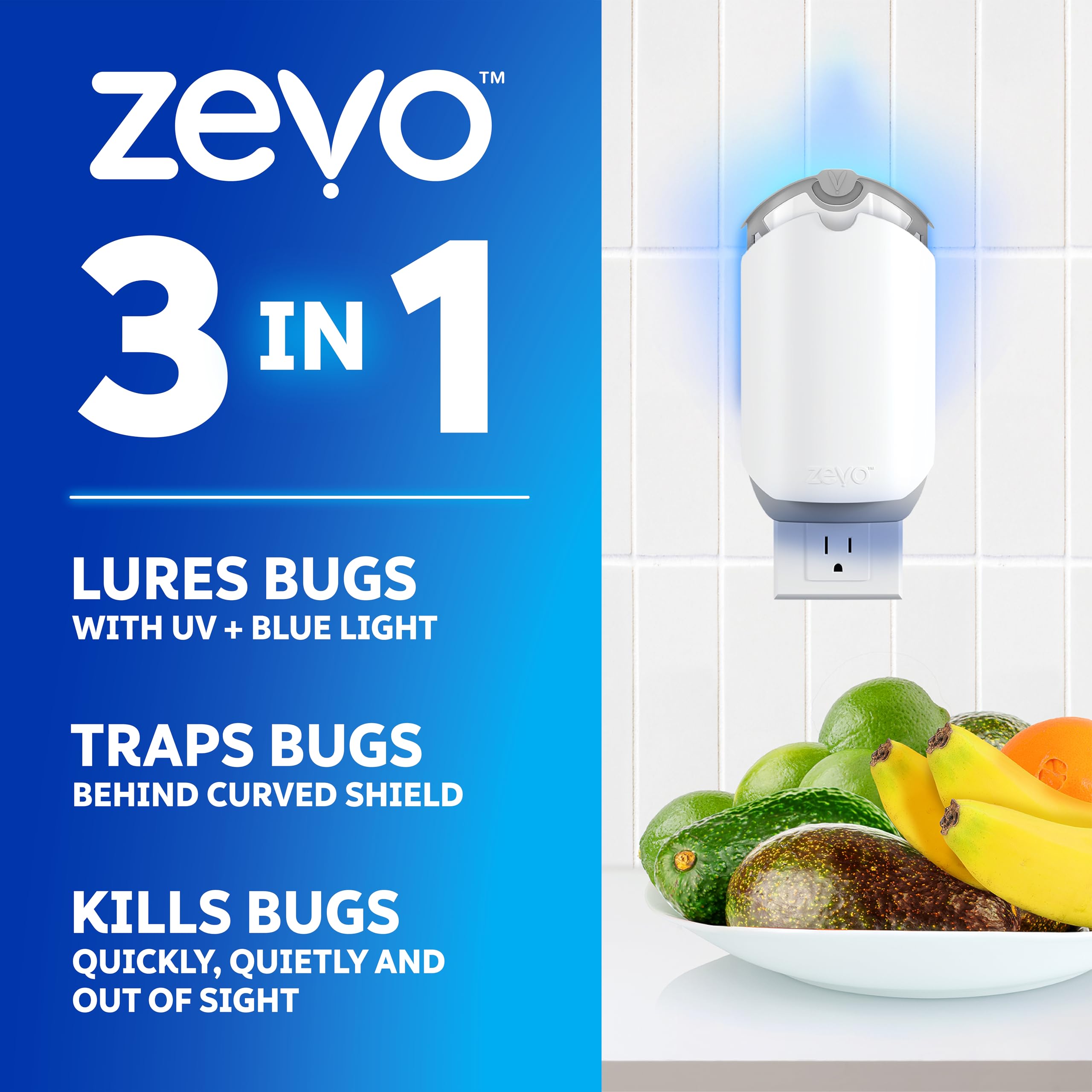 ZEVO plugged into wall in a hallway demonstrating quiet continuous operation and coverage