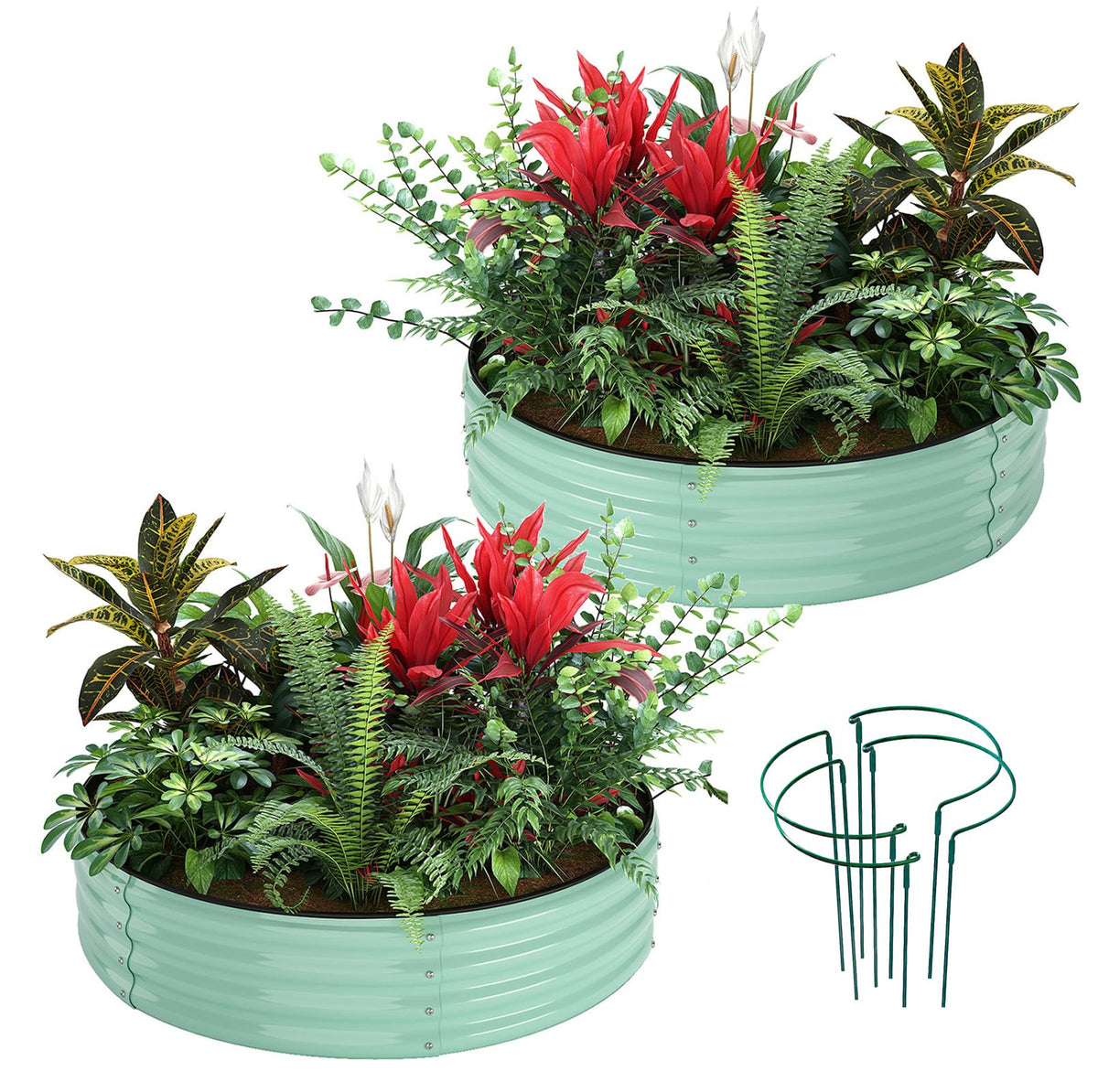 ZFHgarden front view of two galvanized round planters showing kit contents and finish