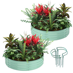 ZFHgarden front view of two galvanized round planters showing kit contents and finish