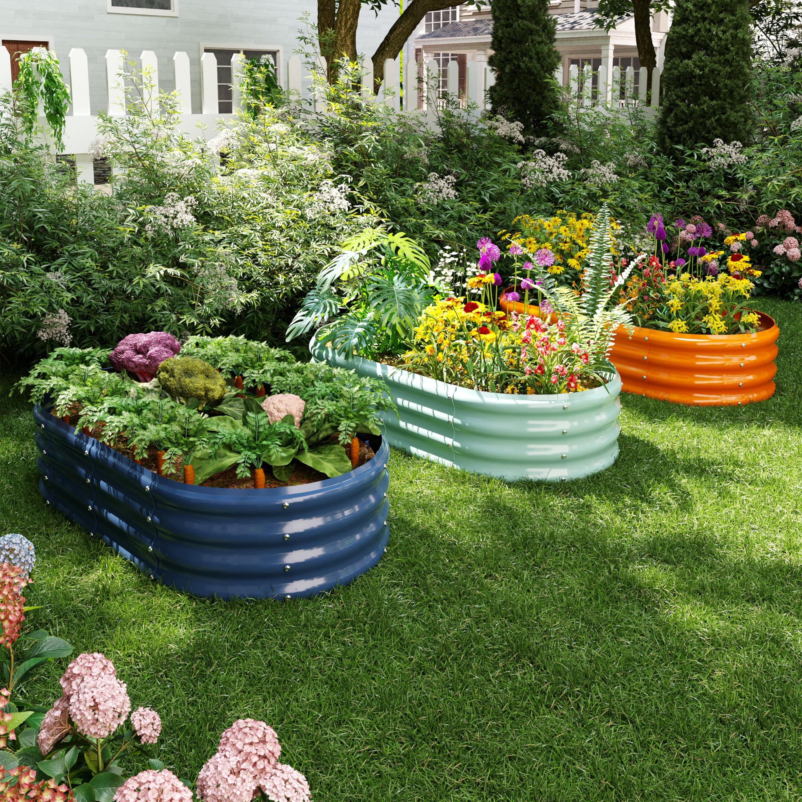ZFHgarden raised bed on patio styled with flowers to visualize landscape placement