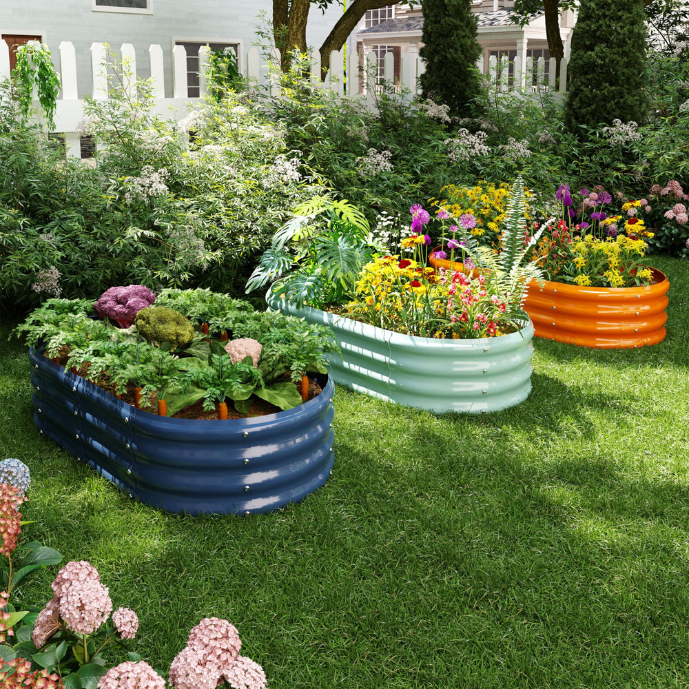 ZFHgarden raised bed on patio styled with flowers to visualize landscape placement