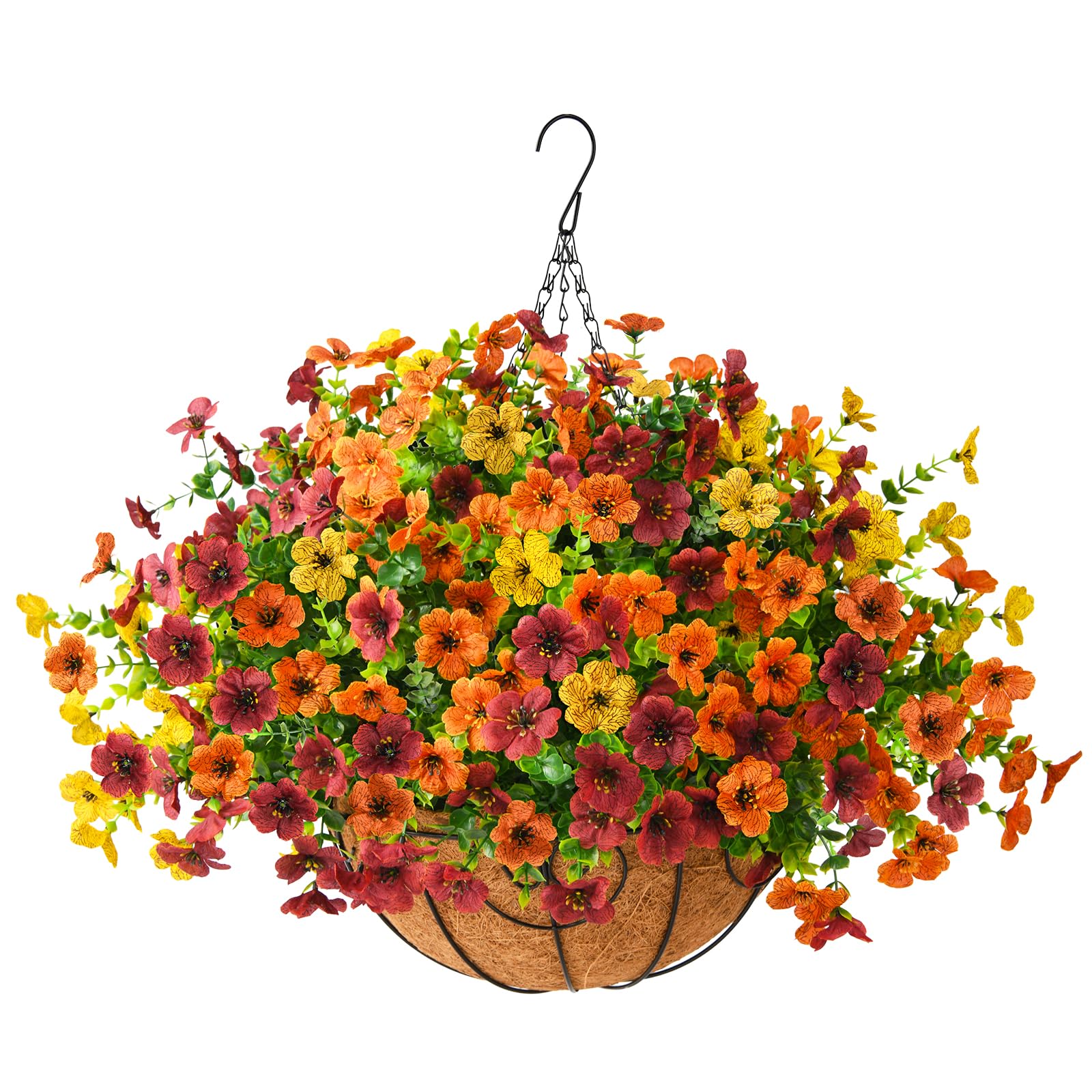 ZFProcess hanging flowers basket front view showing full faux mum display