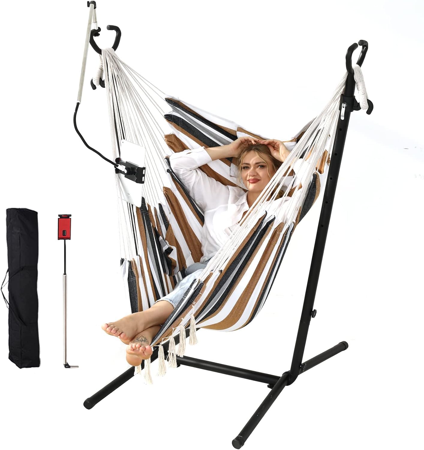 ZGZEYU front view of double hammock chair showing roomy seat and stand for comfortable lounging