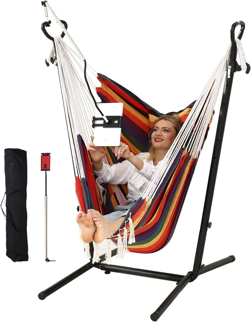 ZGZEYU front view of hammock chair and stand showing roomy seat comfort