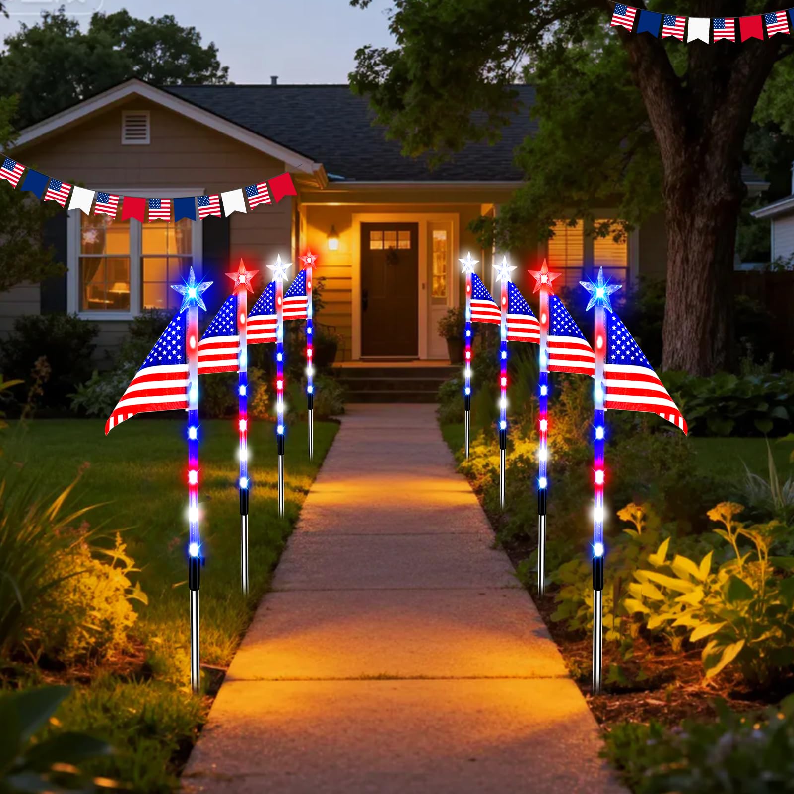 Zhaoray backyard party scene with lights adding patriotic ambiance to gathering