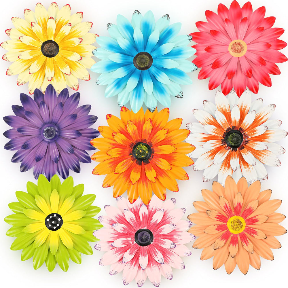 Zhehao front view of nine colorful metal flower set shows ready-to-hang display