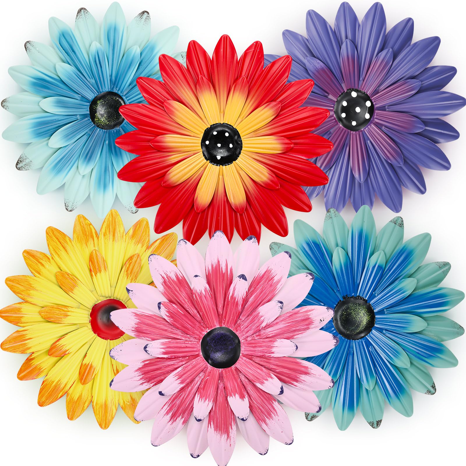 Zhehao front view of six multicolored metal sunflowers showing bright decorative appeal