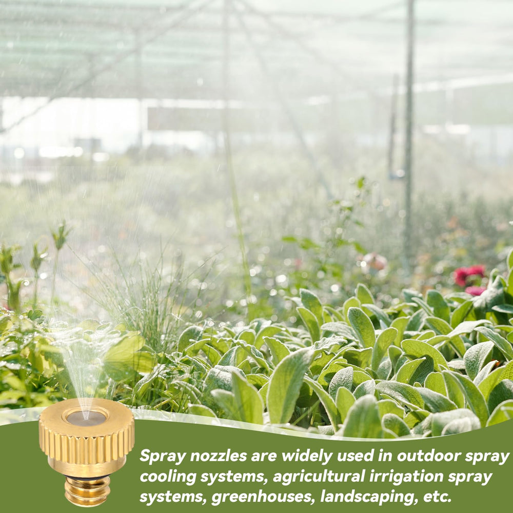 Zhengmy nozzles mounted in greenhouse creating humidifying mist to support plant environments