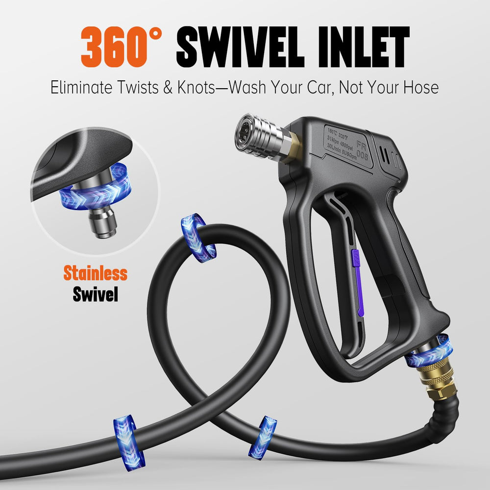 Zhevebaga close-up of 360° swivel inlet preventing hose twists for easier cleaning