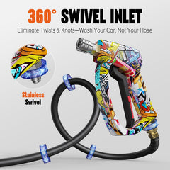 Zhevebaga closeup of 360 degree swivel inlet preventing hose tangles and leaks