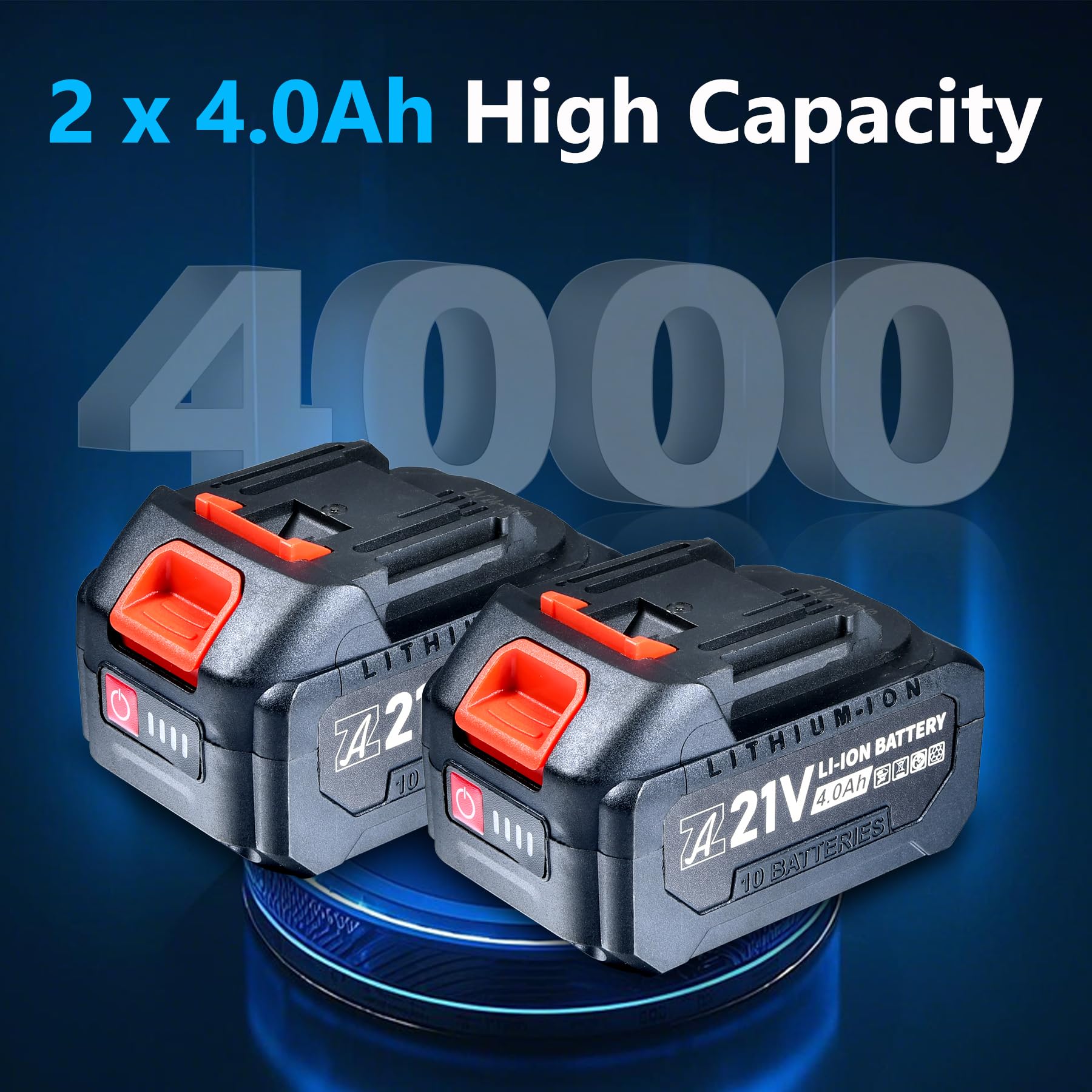 ZHONG AN batteries and charger displayed, highlighting long runtime and easy swapping