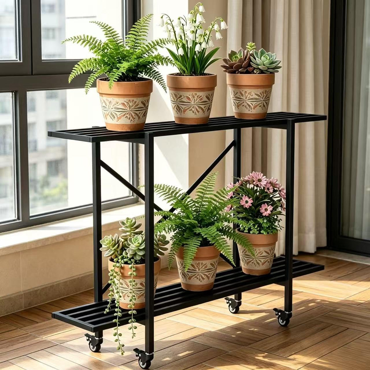 Zhongma front view full stand showing slim footprint and sturdy two-tier display