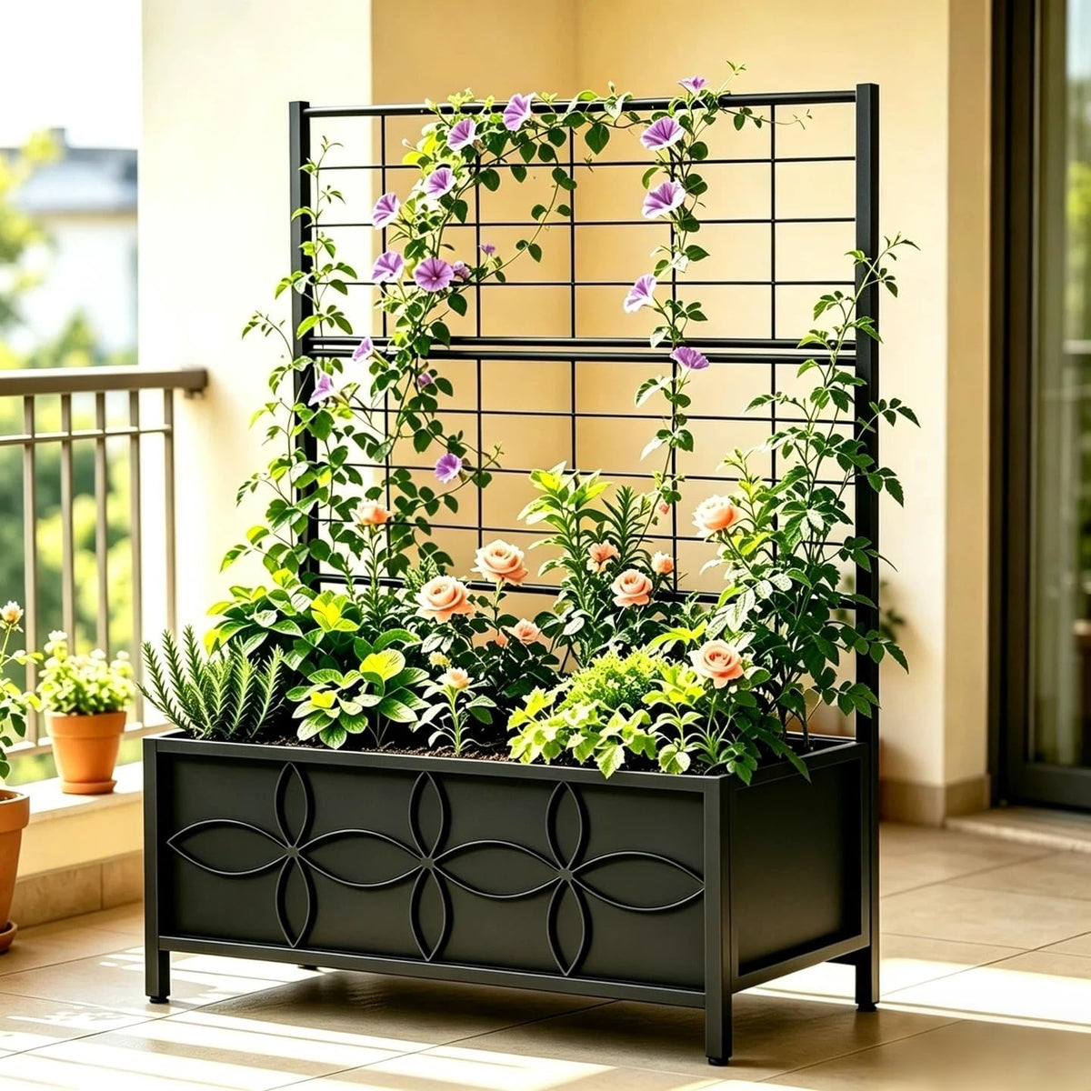 Zhongma front view of planter with trellis showing space-saving vertical growing