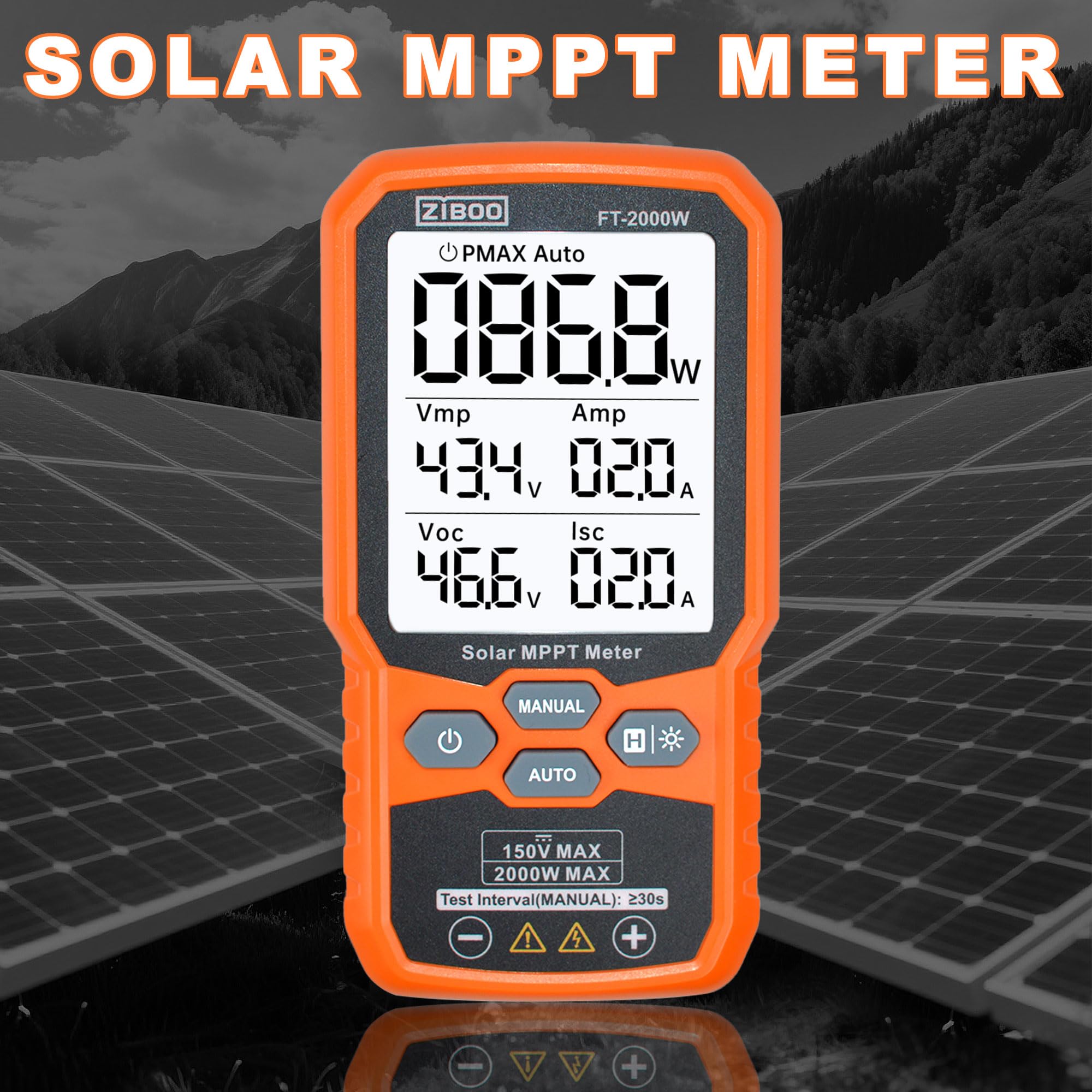 ZIBOO FT-2000W en uso sobre tejado inspeccionando panel solar, beneficio diagnóstico rápido