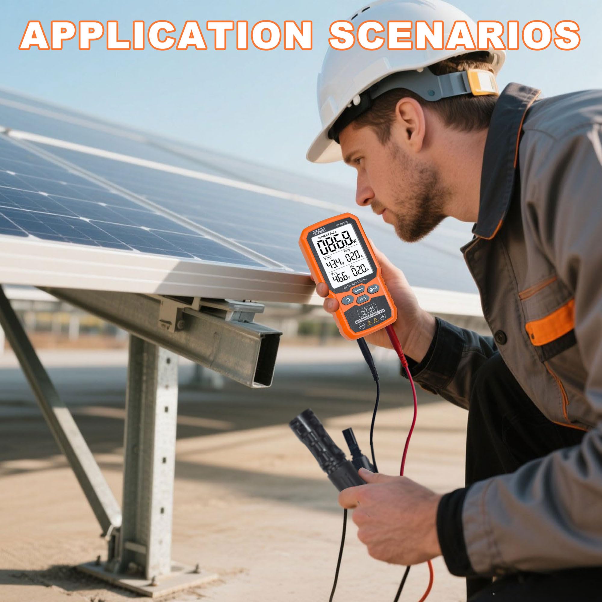 ZIBOO FT-2000W mostrando valores Pmax Voc Isc en pantalla, beneficio verificación instantánea