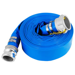 Zicely front view of coiled 2x50ft discharge hose showing compact storage benefit