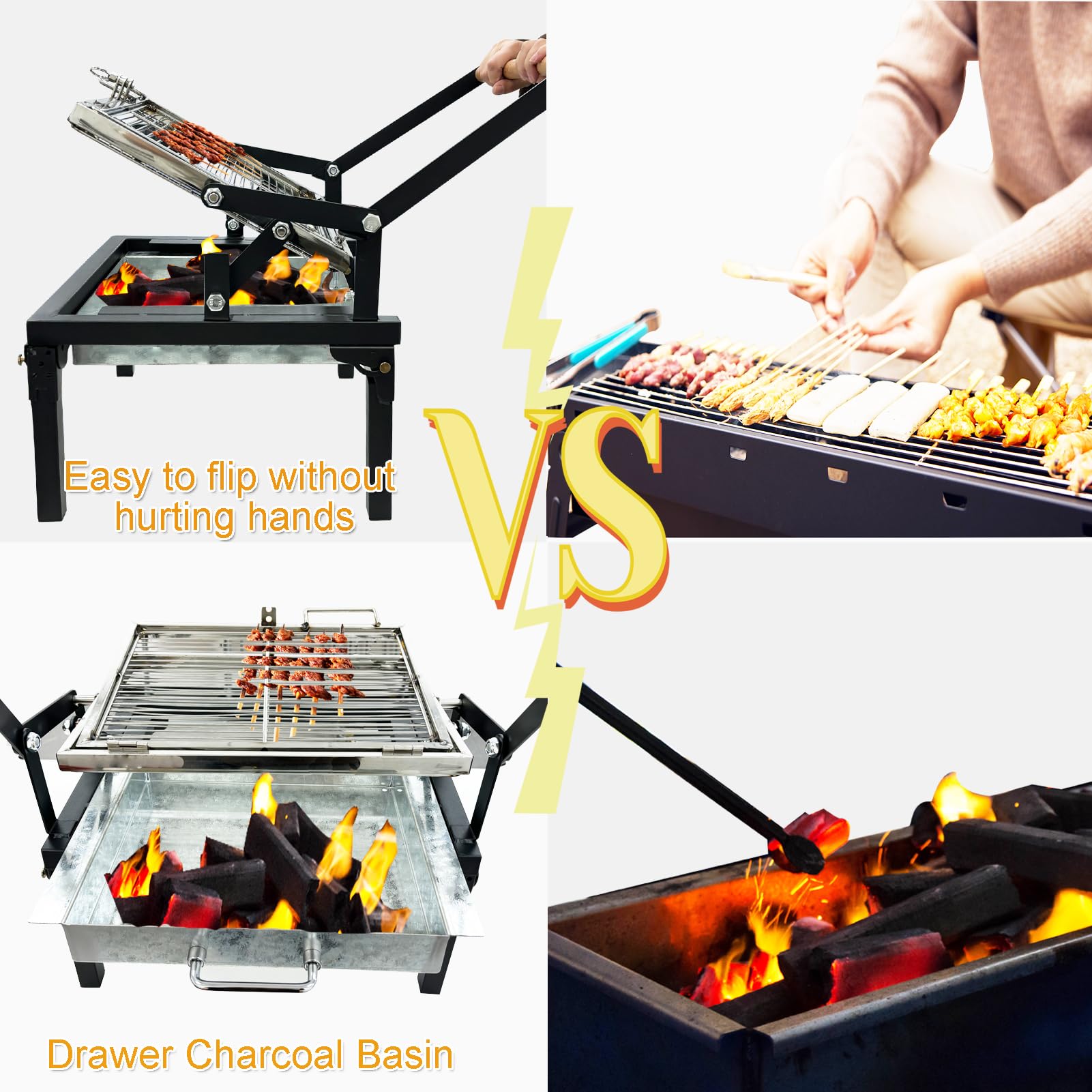 ZICHOUYING stainless steel charcoal tray detail showing durability and easy cleaning benefit