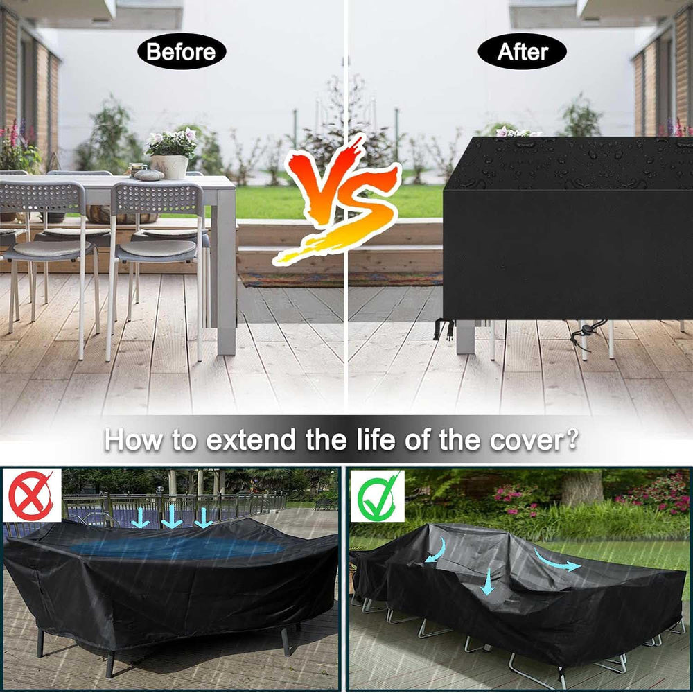 Ziewee cover fitted on patio dining set showing accurate size coverage