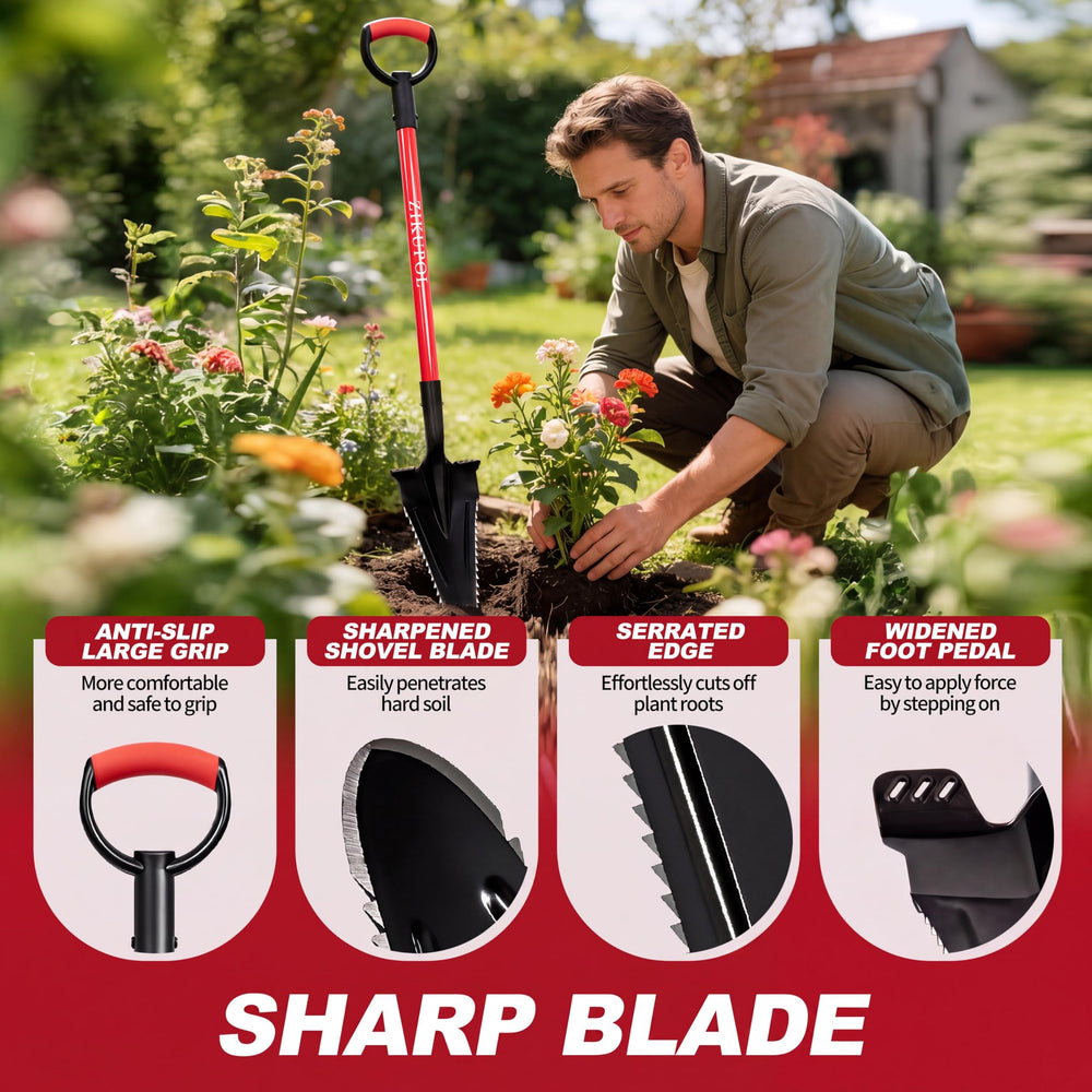 ZIKUPOL shovel in use trenching soil, speeds planting and excavation