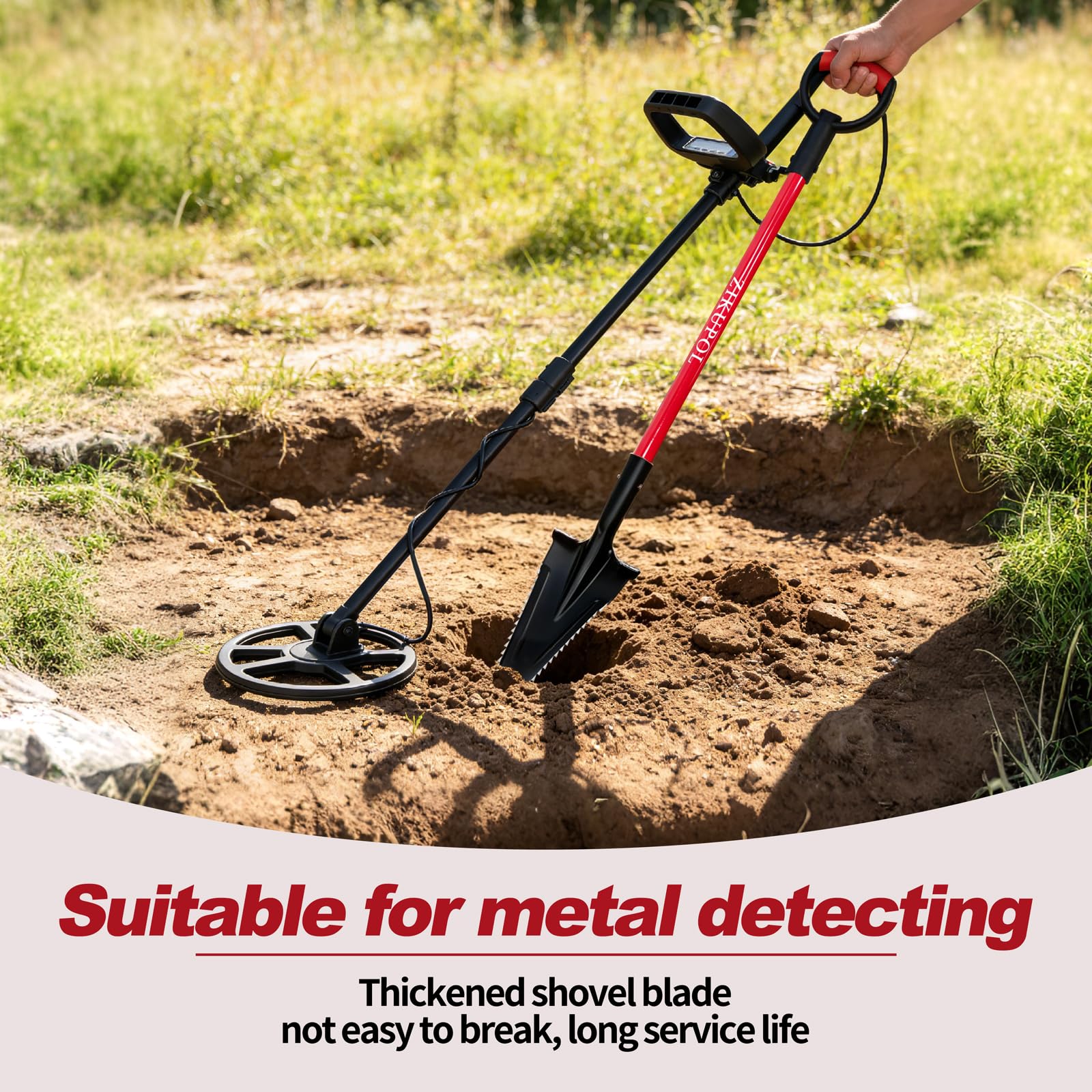 ZIKUPOL shovel leaning in backyard setting, ideal for landscaping tasks