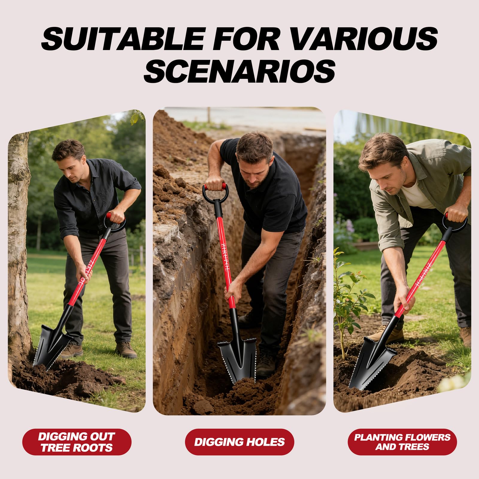 ZIKUPOL shovel next to measuring tape showing 46-inch length, confirms scale