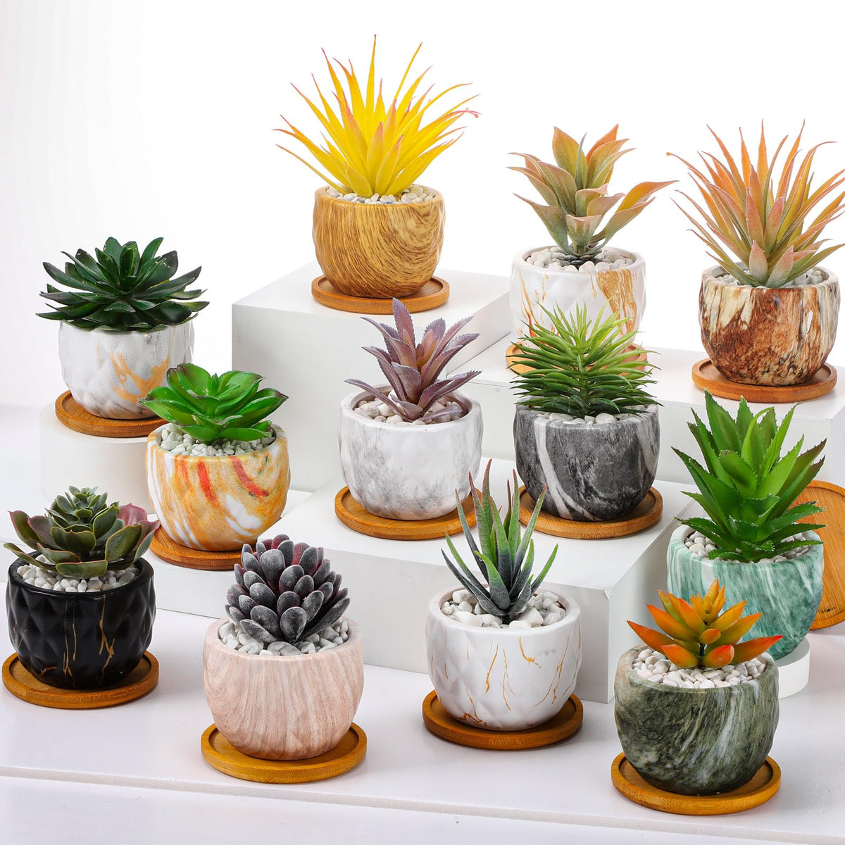 Ziliny front view of 12-pack ceramic pots showing modern marble style and quantity benefit