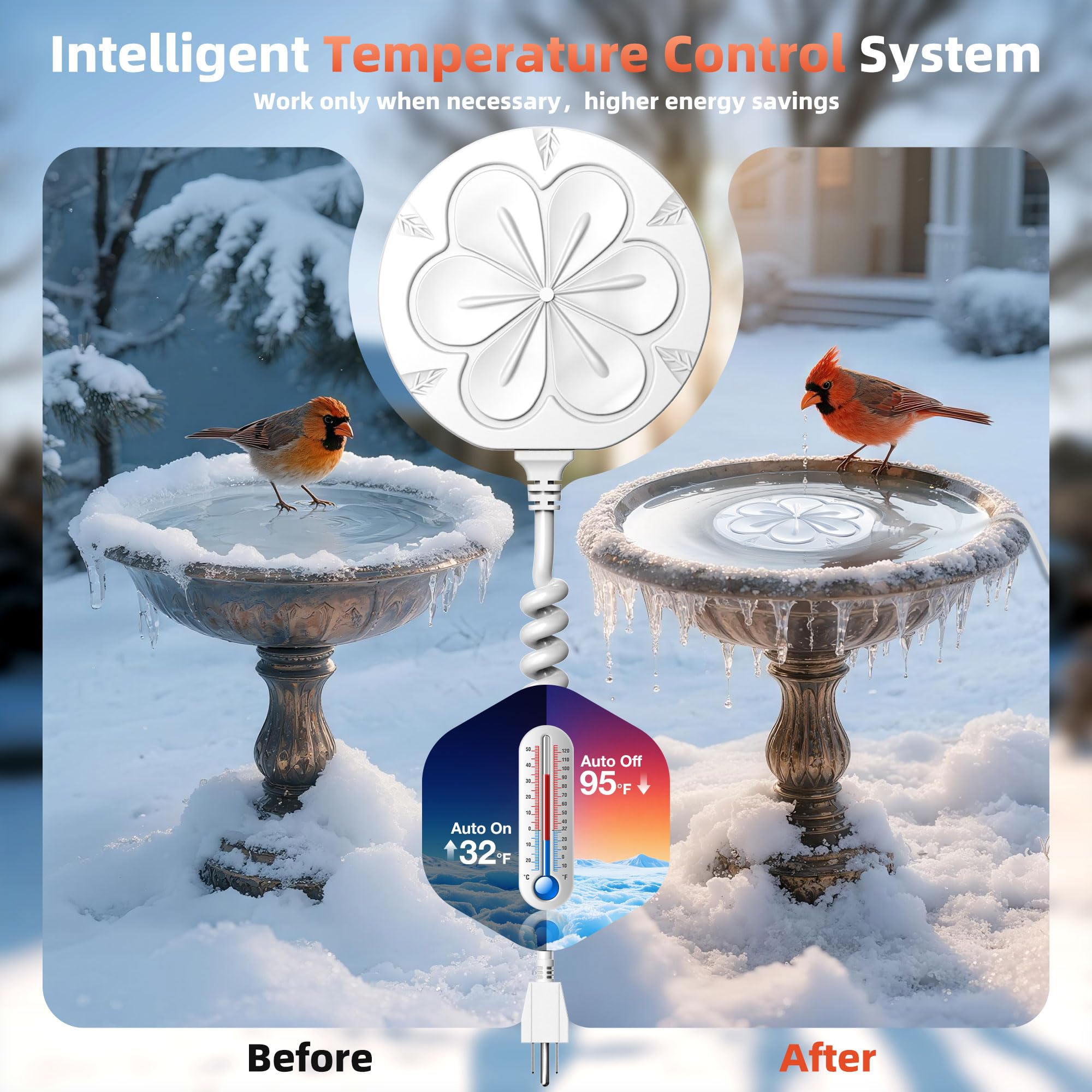 ZIMOMOTA heater submerged in birdbath keeping water ice-free for wildlife
