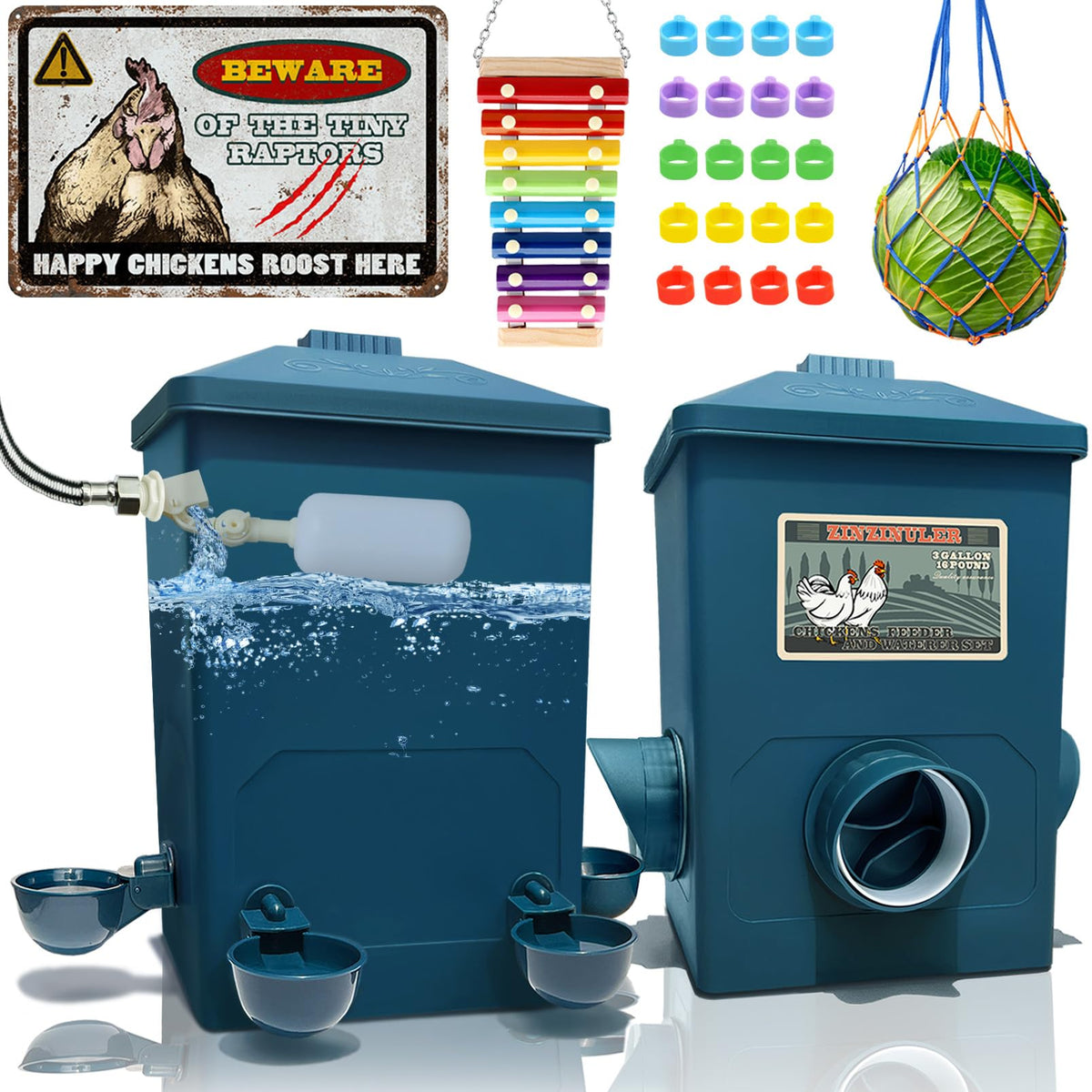 ZINZINULER feeder front view showing rainproof cover and tidy dispensing—keeps feed dry