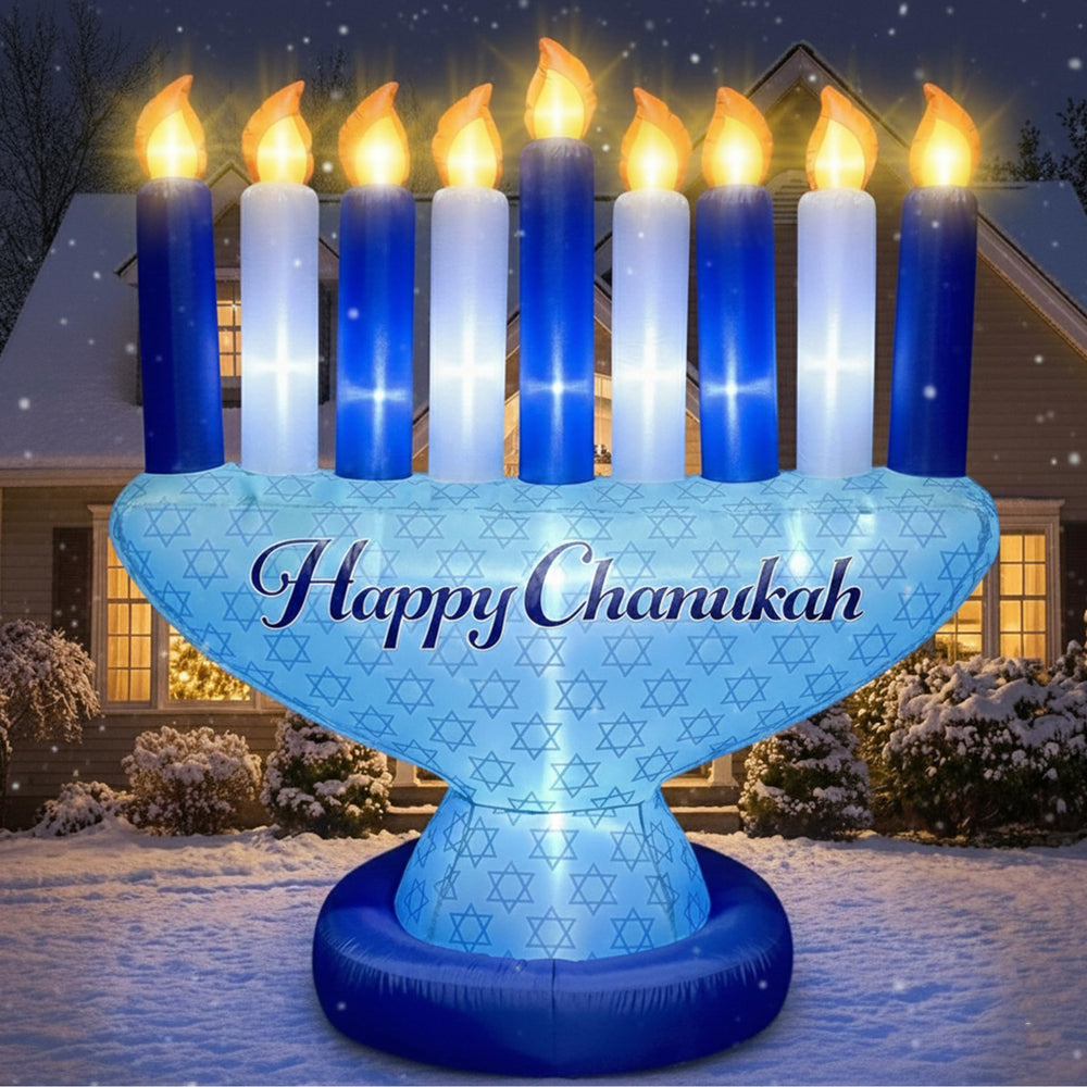 Zion Judaica Ltd front view of 7ft inflatable menorah showing bright presence