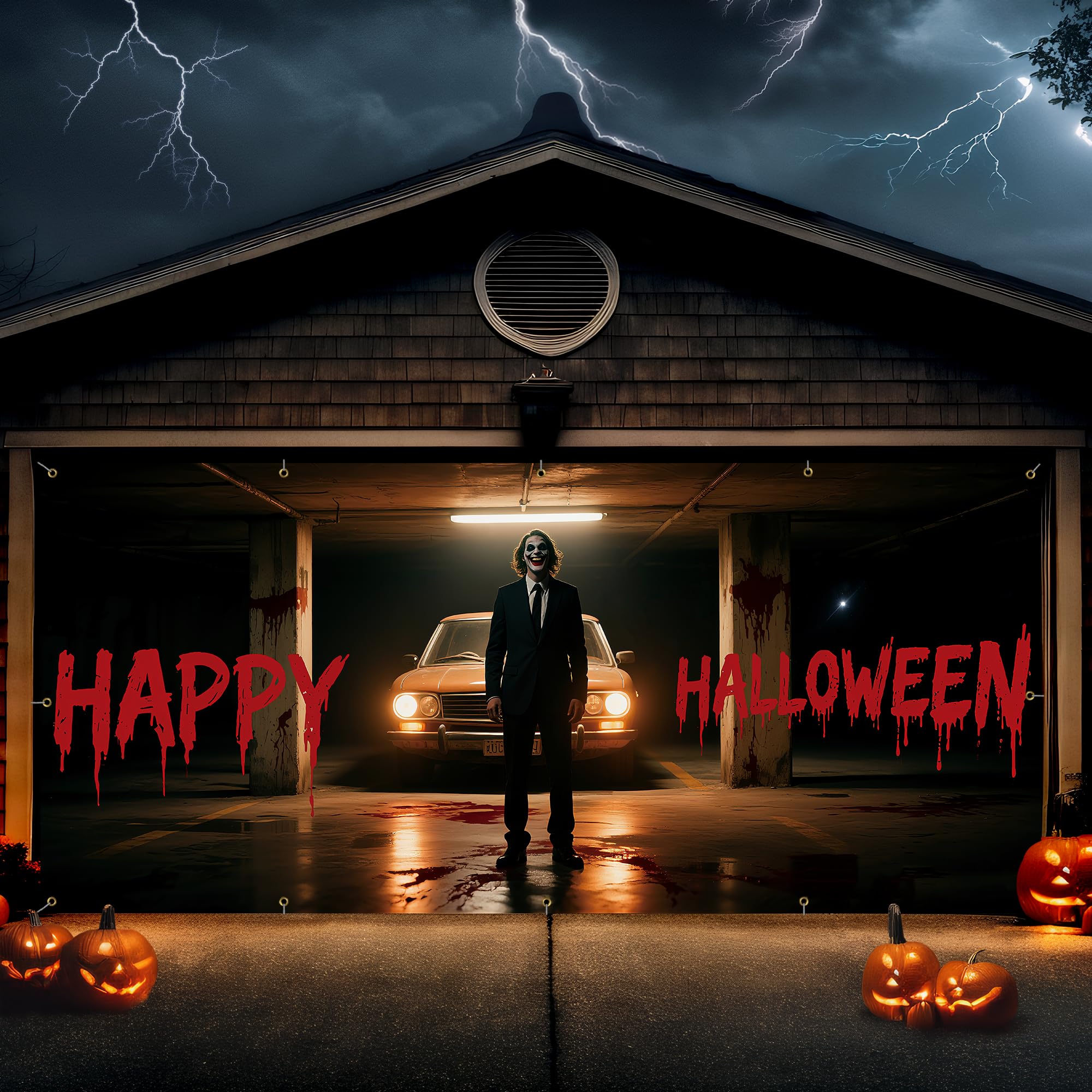ZIOSINM clown garage cover front view showcasing bold scary artwork and instant curb appeal