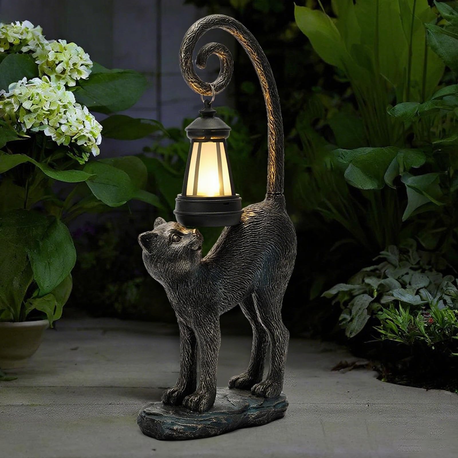 ZioWio black cat statue front view showing lantern and decorative pose for curb appeal