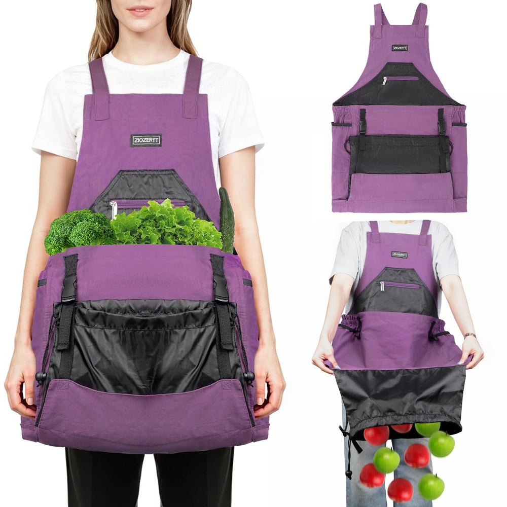 ZIOZERTT apron front view shows pockets and purple canvas, organized harvesting benefit