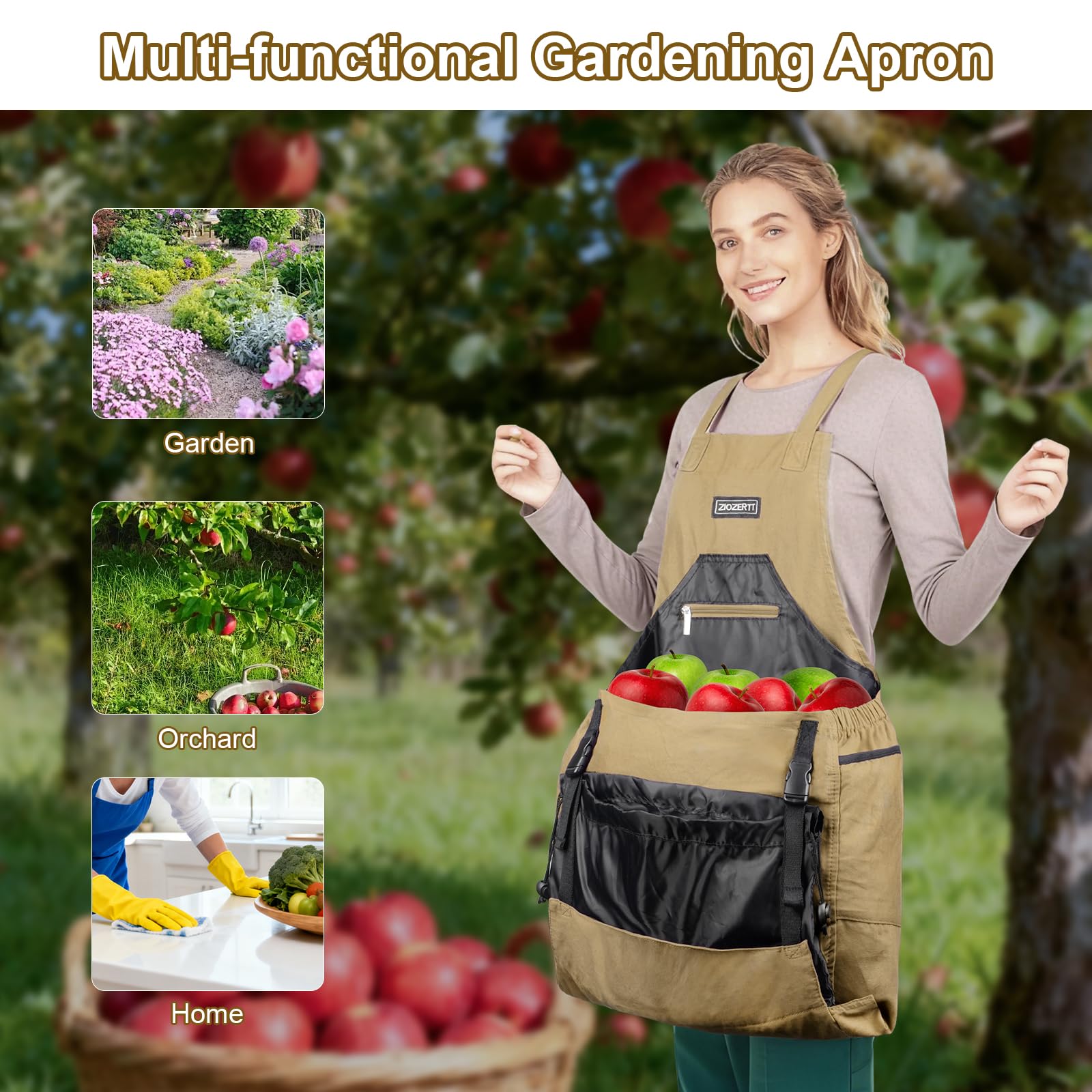 ZIOZERTT apron in use while harvesting illustrating hands-free carrying benefit