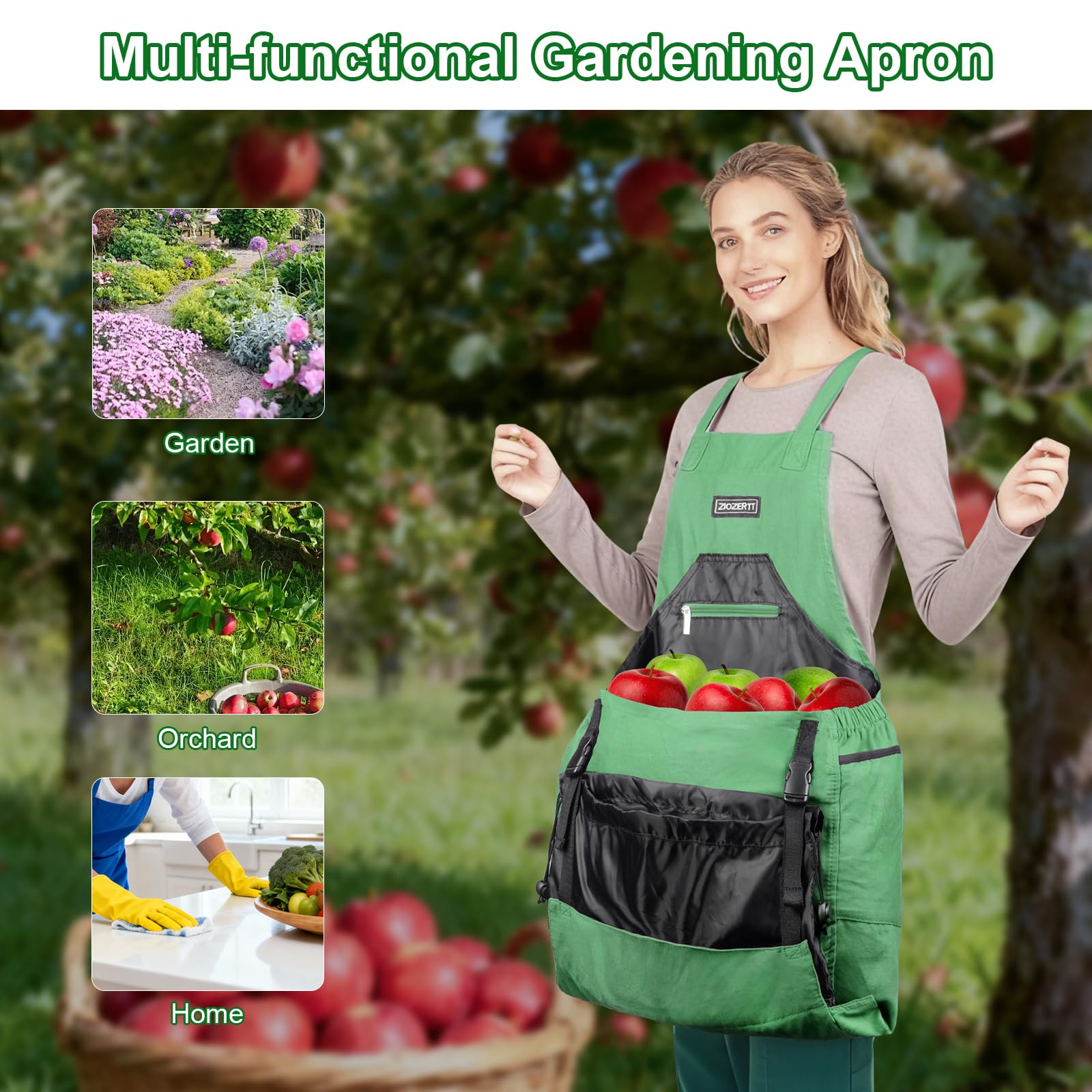 ZIOZERTT apron in use harvesting illustrating hands-free carrying advantage