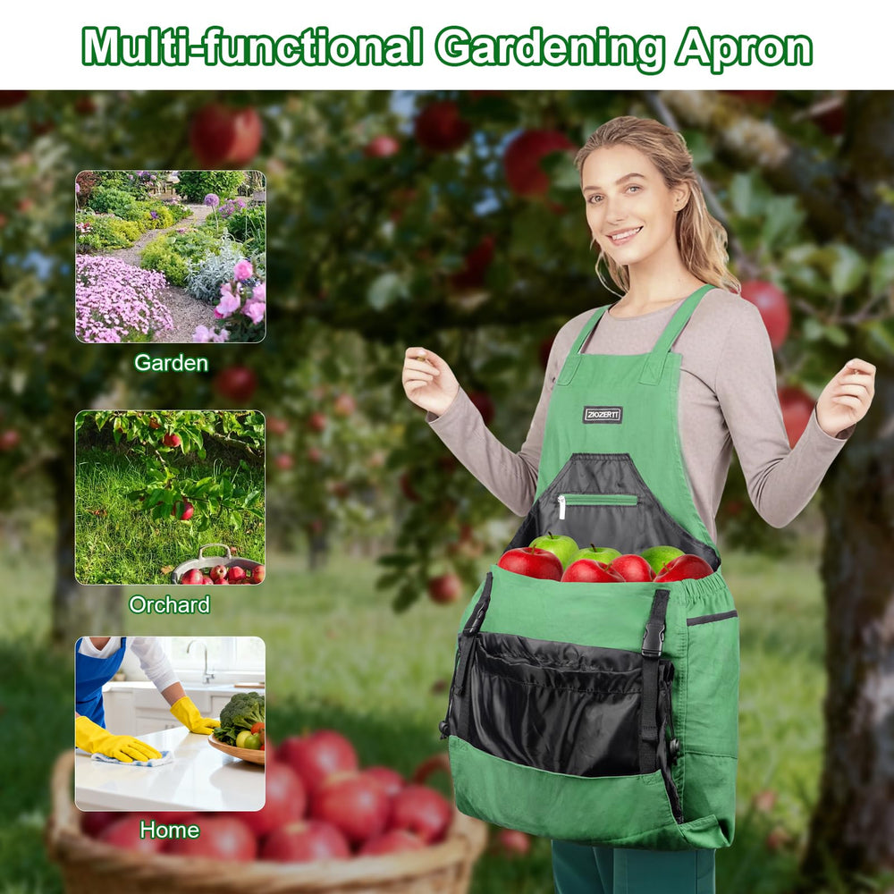ZIOZERTT apron in use harvesting illustrating hands-free carrying advantage