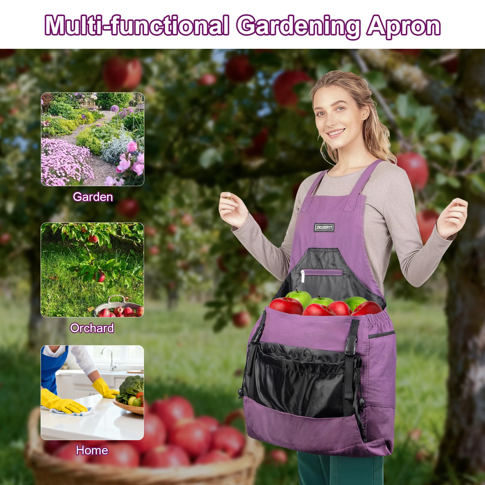 ZIOZERTT apron in use harvesting apples, hands-free collecting benefit