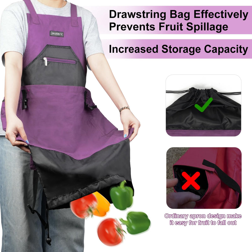 ZIOZERTT drawstring bag closed on apron, keeping fruits secure and spill-free