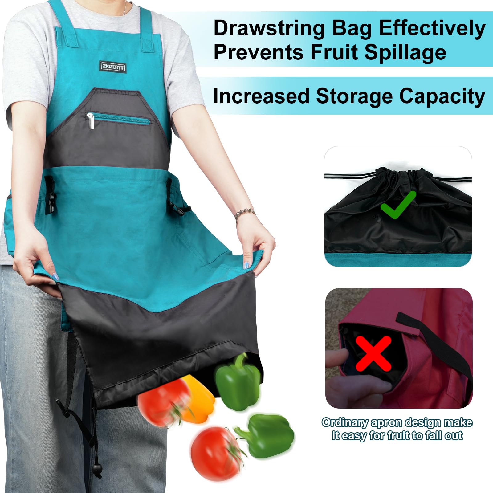 ZIOZERTT drawstring bag open with harvested fruit keeps produce secure